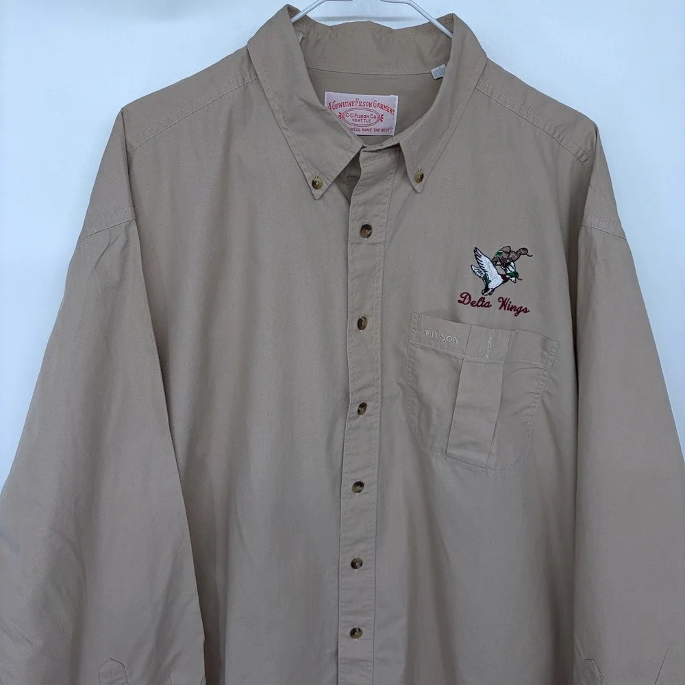 Vintage 2004 CC Filson Button Up Shirt XL Khaki Beige Delta Wings USA Made 652BD - Picture 2 of 8